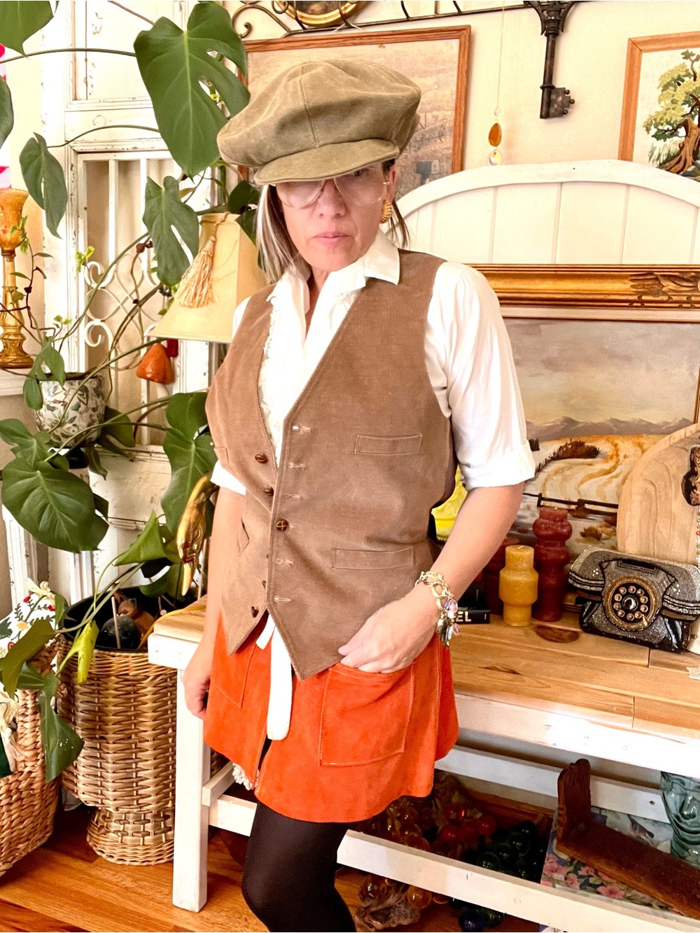 Vintage Androgynous Chocolate Brown Corduroy Vest With Leather Covered Buttons